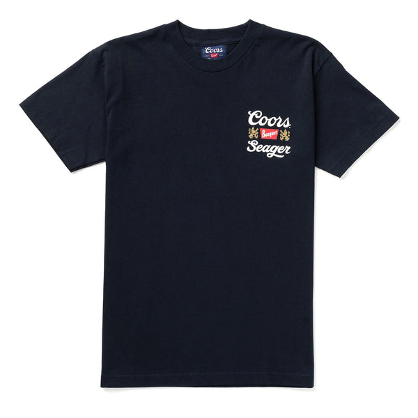 Short sleeve navy shirt with script "Coors Banquet Seager" on top right portion of the shirt. This is an image of the front of the shirt.