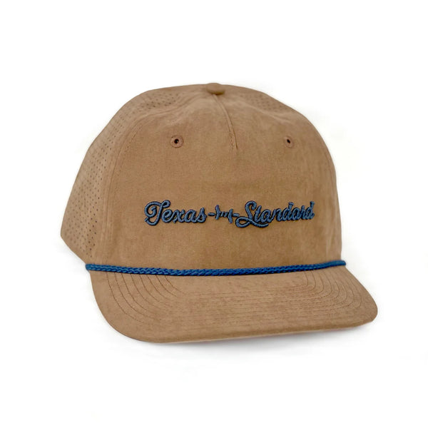 Tan cap with 'Texas Standard' embroidery and blue band on a white background
