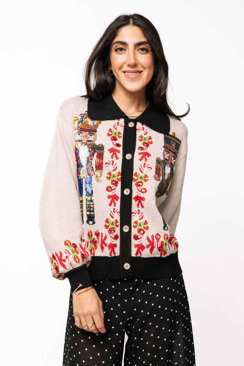 Queen Of Sparkles Black Trim Collar Nutcracker & Candy Cane Button Up Cardigan