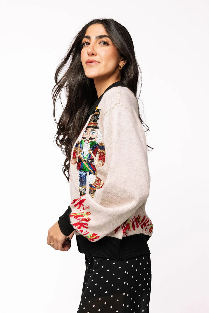 Queen Of Sparkles Black Trim Collar Nutcracker & Candy Cane Button Up Cardigan