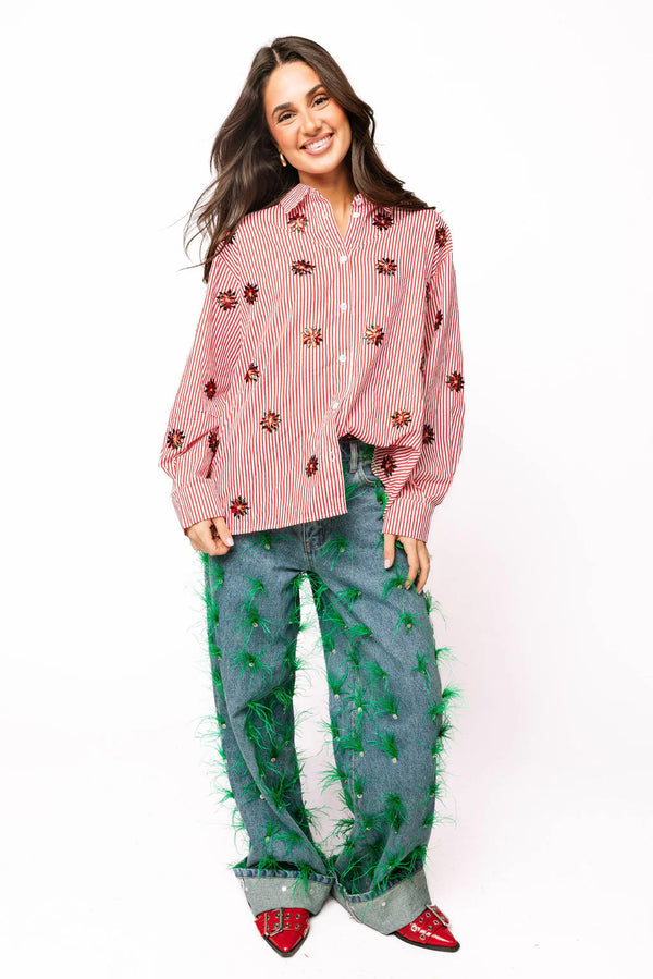 Queen Of Sparkles Red & White Striped Scattered Jeweled Poinsettia Button Up Collar Top