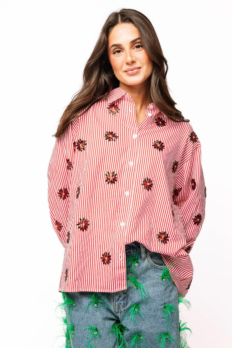Queen Of Sparkles Red & White Striped Scattered Jeweled Poinsettia Button Up Collar Top