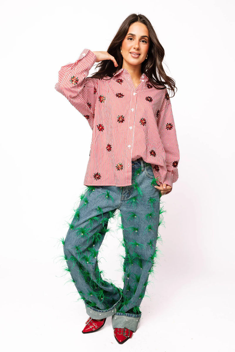 Queen Of Sparkles Red & White Striped Scattered Jeweled Poinsettia Button Up Collar Top