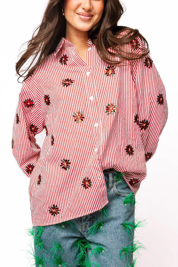 Queen Of Sparkles Red & White Striped Scattered Jeweled Poinsettia Button Up Collar Top