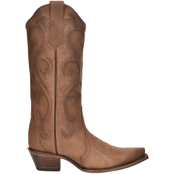 Cinnamon brown cowhide leather boot with western scrolling on foot and shaft and snip toe