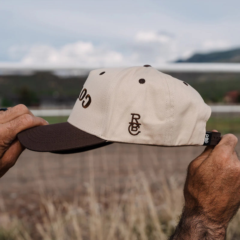 Beige and brown cap held by hands with a blurred natural background