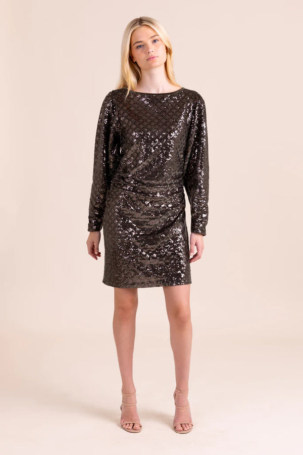 Woman wearing brown hue long-sleeved dress with sequins