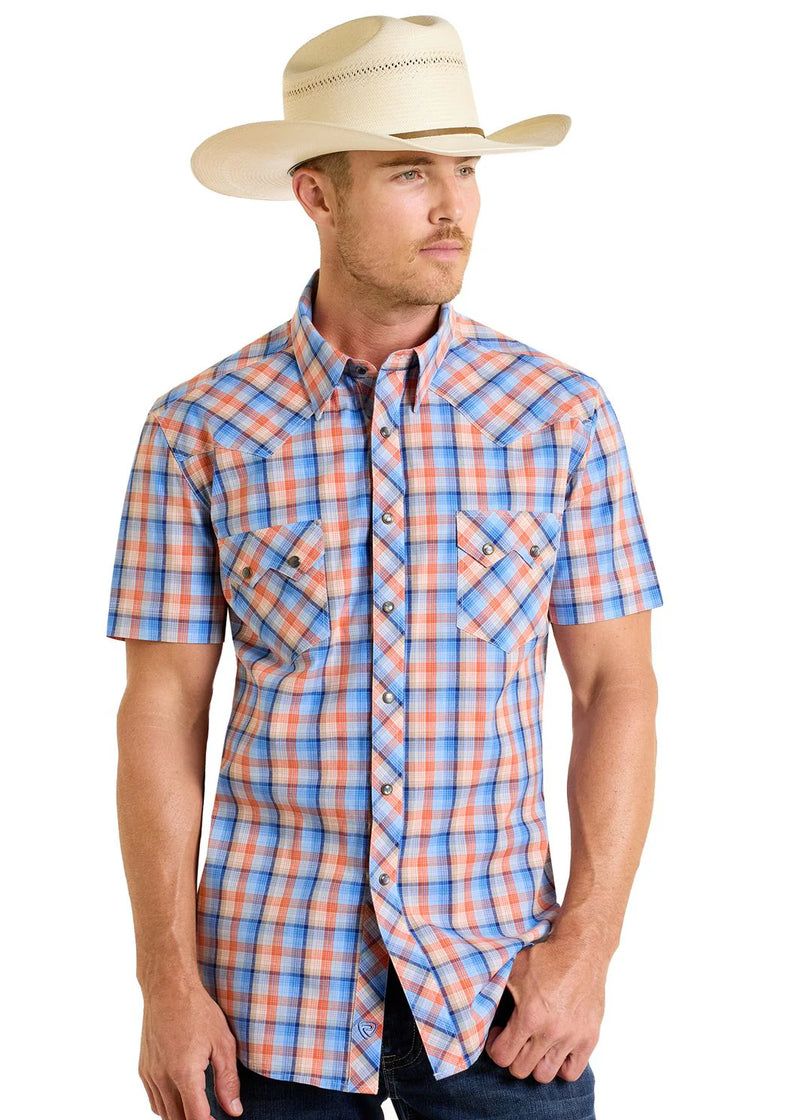Rock & Roll Denim Short Sleeve Plaid Snap Shirt 