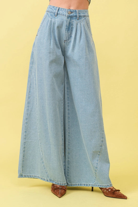 BLUE B Garment Washed Mid Rise Wide Leg Denim Jeans