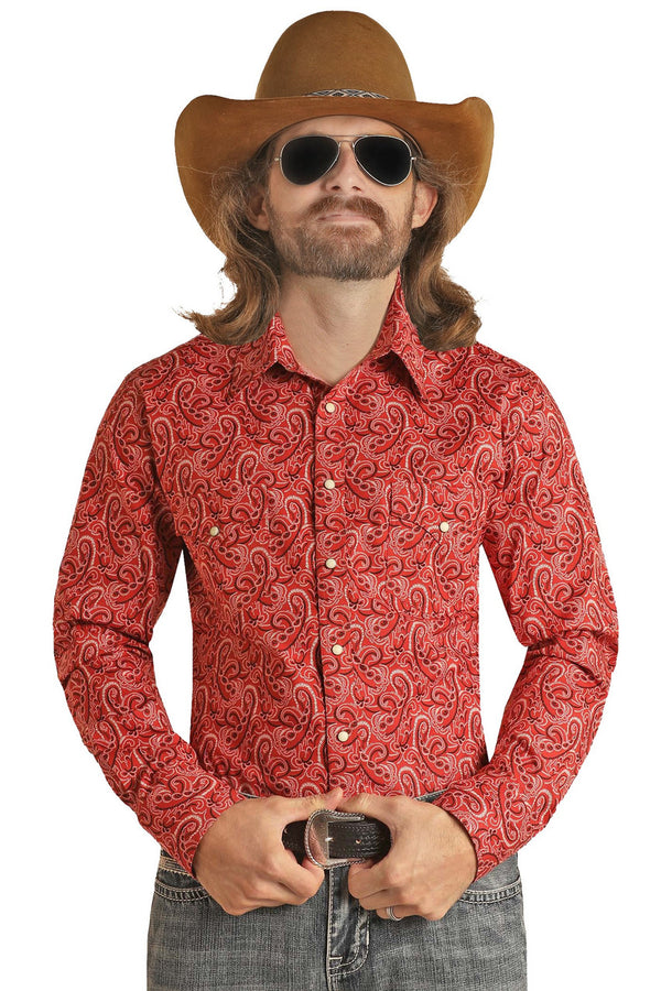 Man wearing red paisley long sleeve button down shirt 