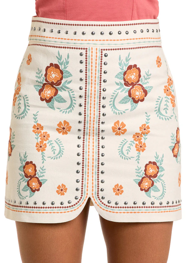 Rock & Roll Denim Floral Studded Skirt