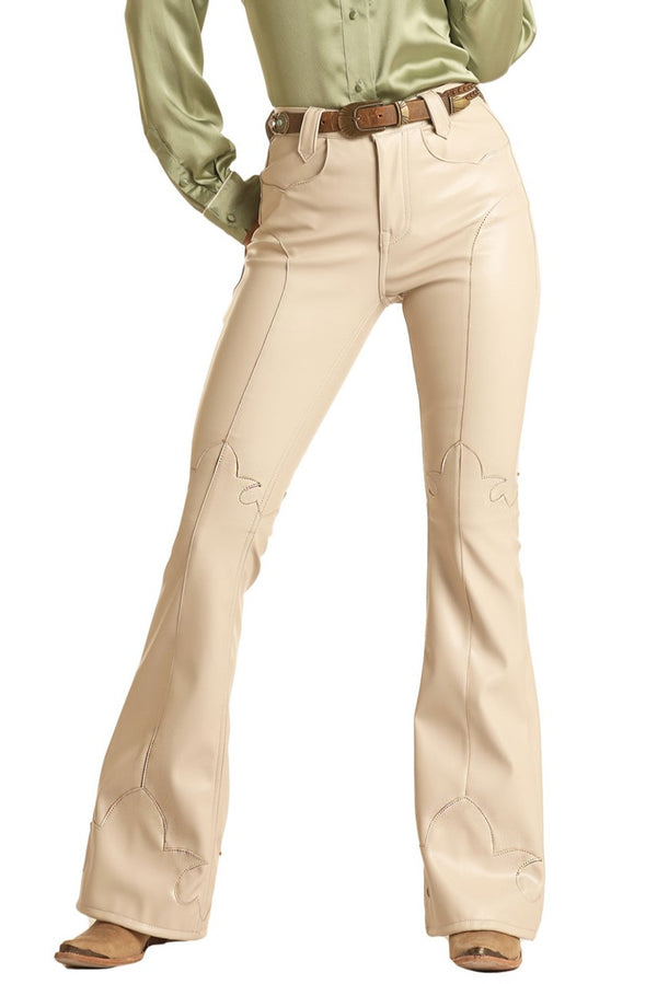 High rise cream pleather flair pants with western embellishments