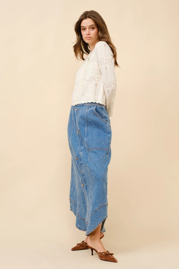 BLUE B Wavy Placket Denim Maxi Skirt