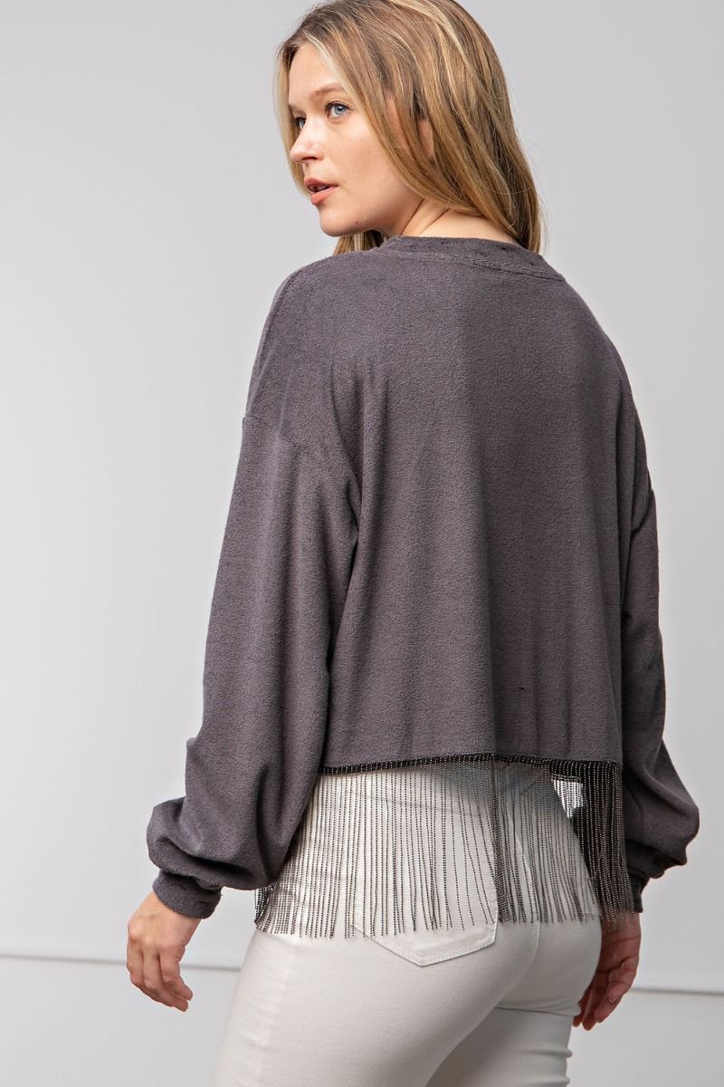 EASEL LONG SLEEVE FRINGE TRIM TOP