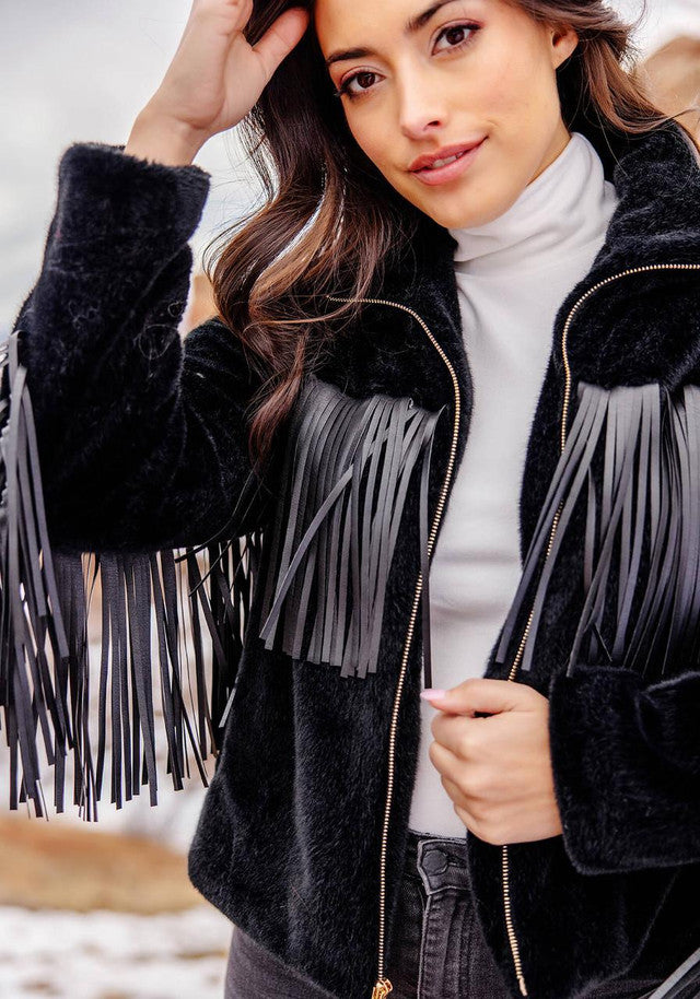 FABULOUS FURS Black Faux Fur Farrah Fringe Jacket