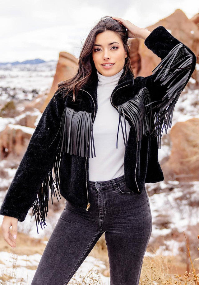 FABULOUS FURS Black Faux Fur Farrah Fringe Jacket