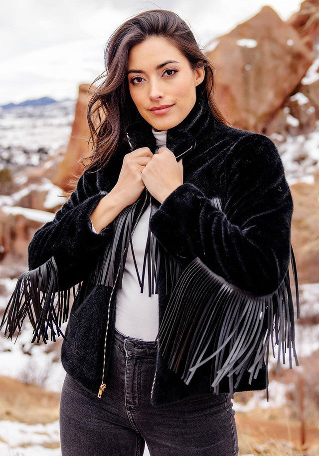 FABULOUS FURS Black Faux Fur Farrah Fringe Jacket