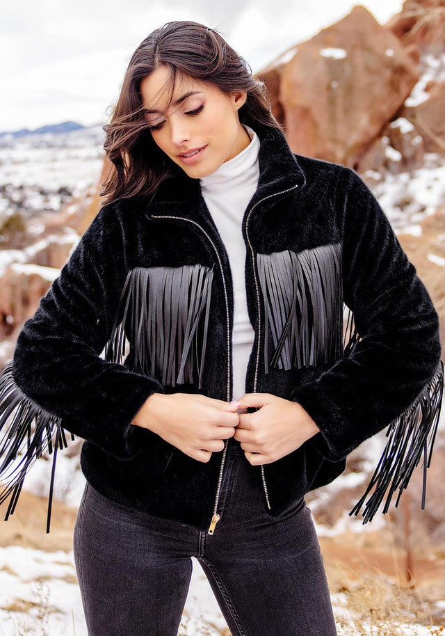 FABULOUS FURS Black Faux Fur Farrah Fringe Jacket