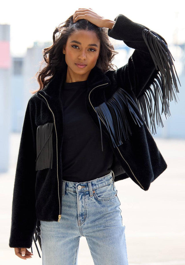 FABULOUS FURS Black Faux Fur Farrah Fringe Jacket