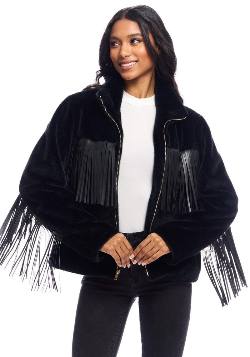 FABULOUS FURS Black Faux Fur Farrah Fringe Jacket