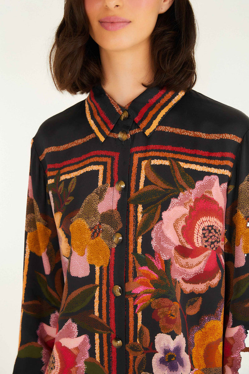 Farm Rio Chenille Flowers Black Blouse 
