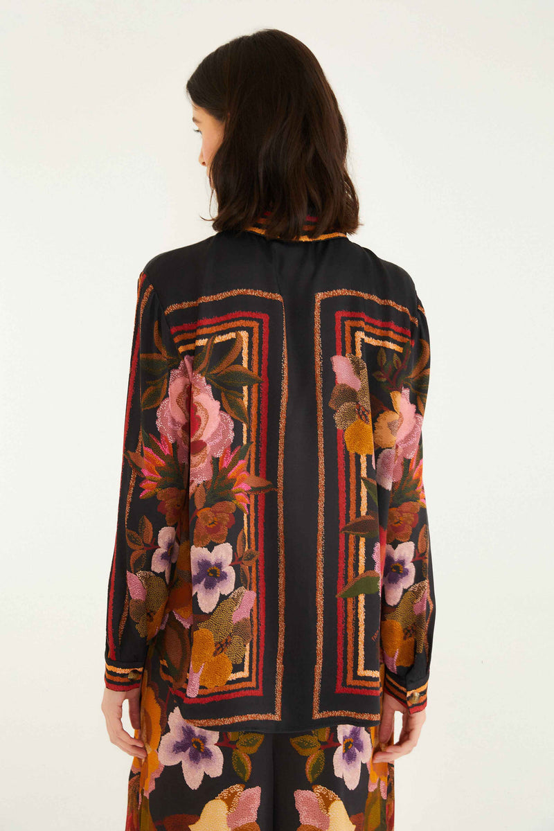 Farm Rio Chenille Flowers Black Blouse 