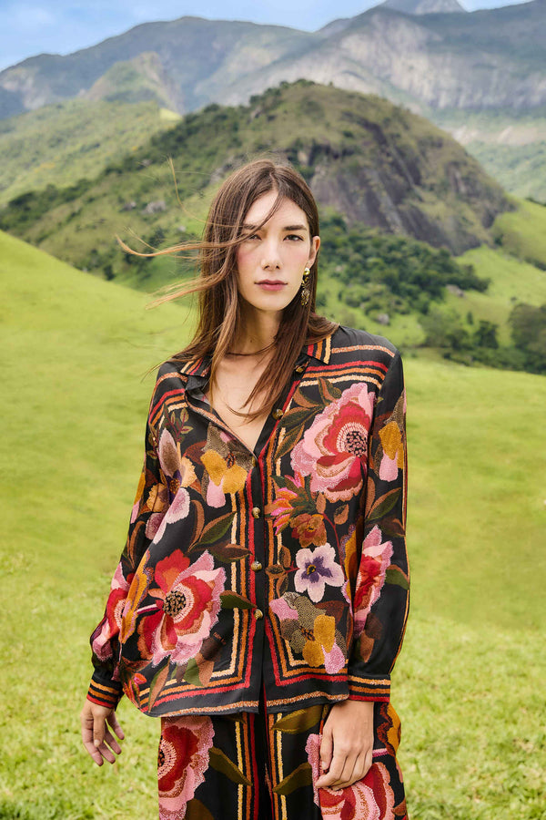 Farm Rio Chenille Flowers Black Blouse 