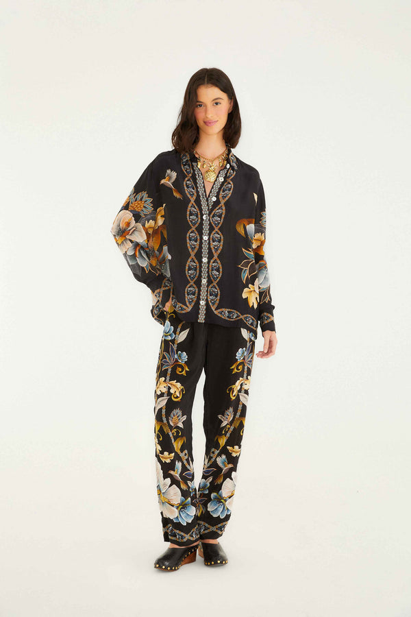 Farm Rio Black Floral Snake Pajama Shirt