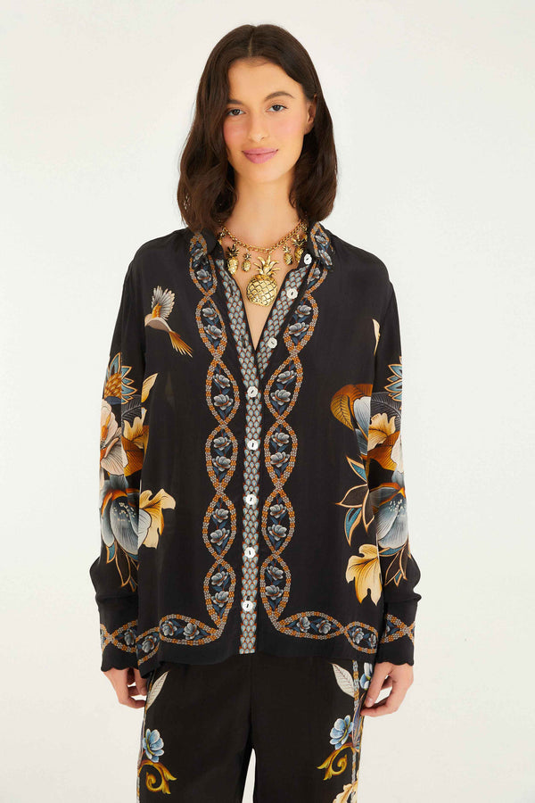 Farm Rio Black Floral Snake Pajama Shirt
