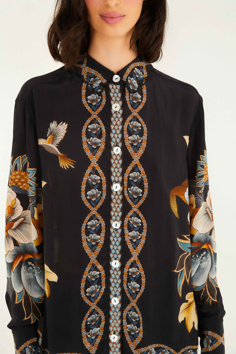 Farm Rio Black Floral Snake Pajama Shirt