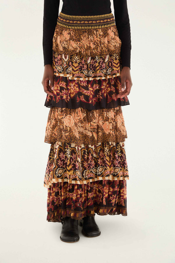 Farm Rio Mixed Scarves Ruffle Max Skirt