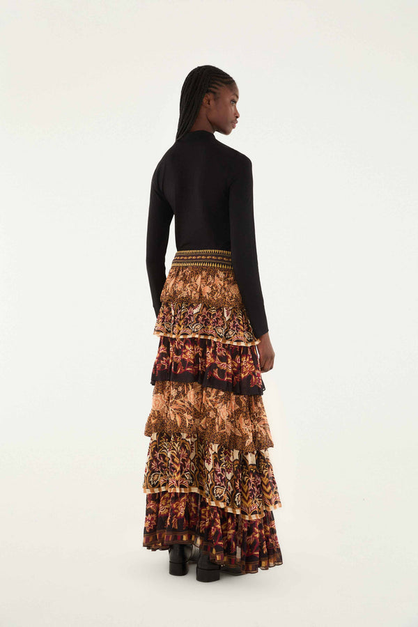 Farm Rio Mixed Scarves Ruffle Max Skirt