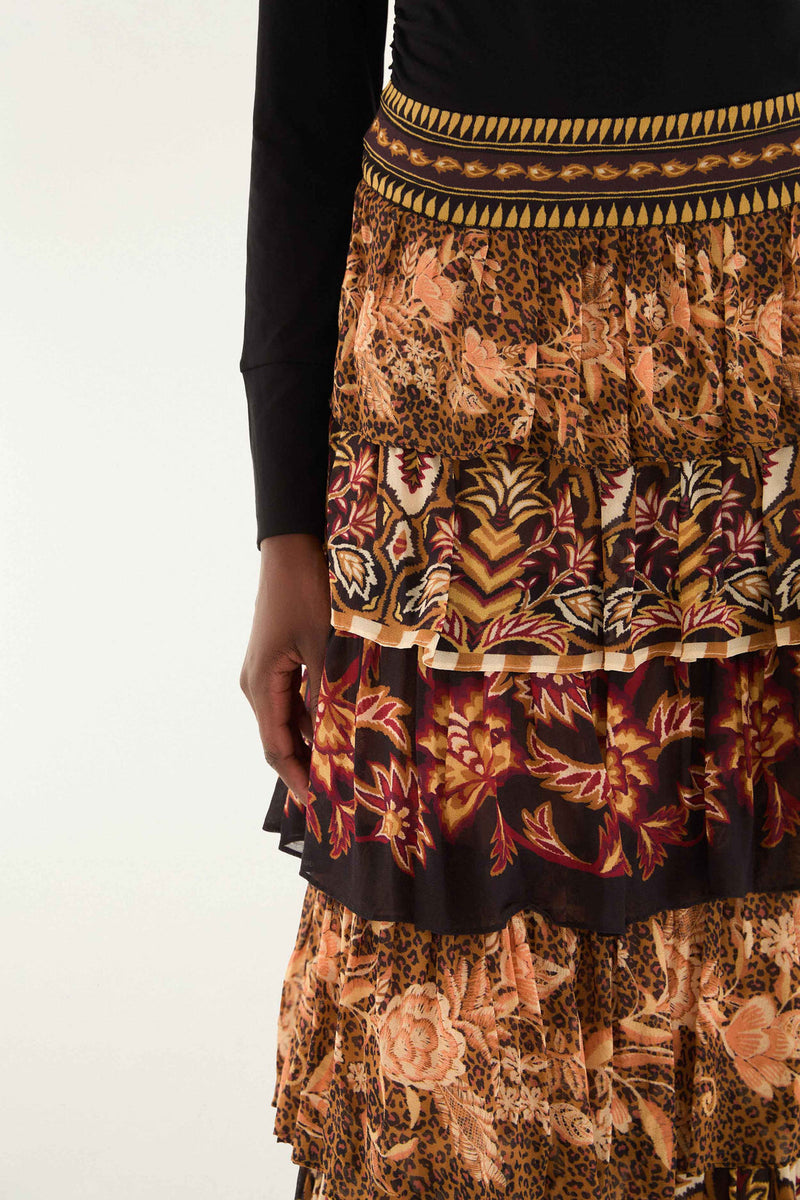 Farm Rio Mixed Scarves Ruffle Max Skirt