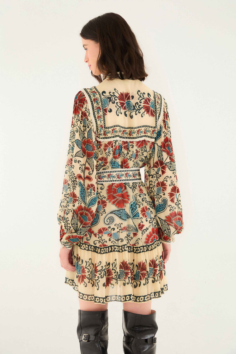 Farm Rio Sand Francesca Long Sleeve Mini Dress