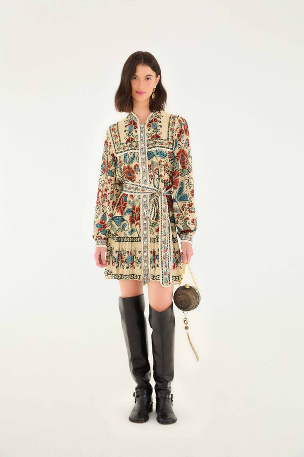 Farm Rio Sand Francesca Long Sleeve Mini Dress
