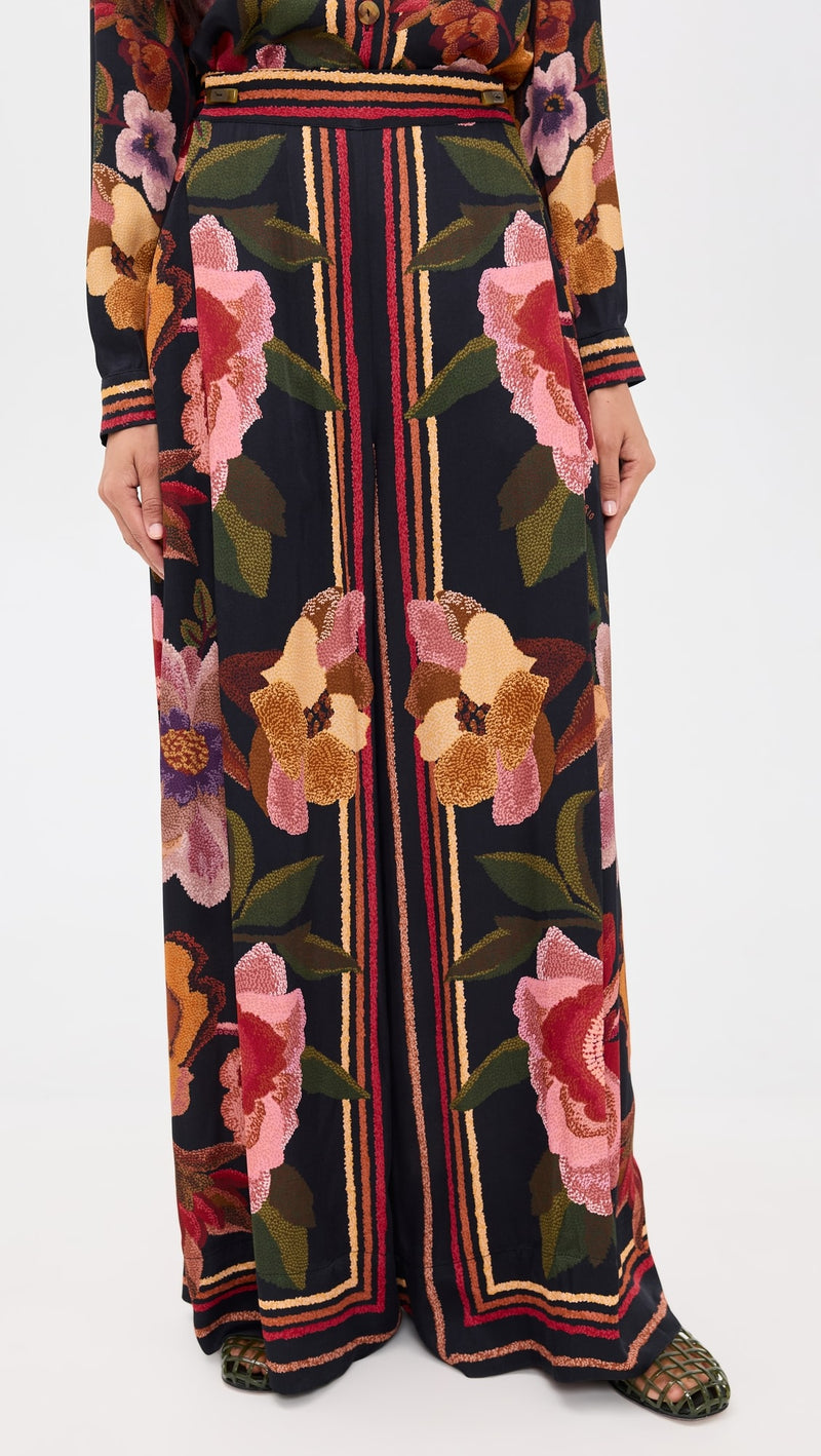 Farm Rio Chenille Flowers Black Pants 