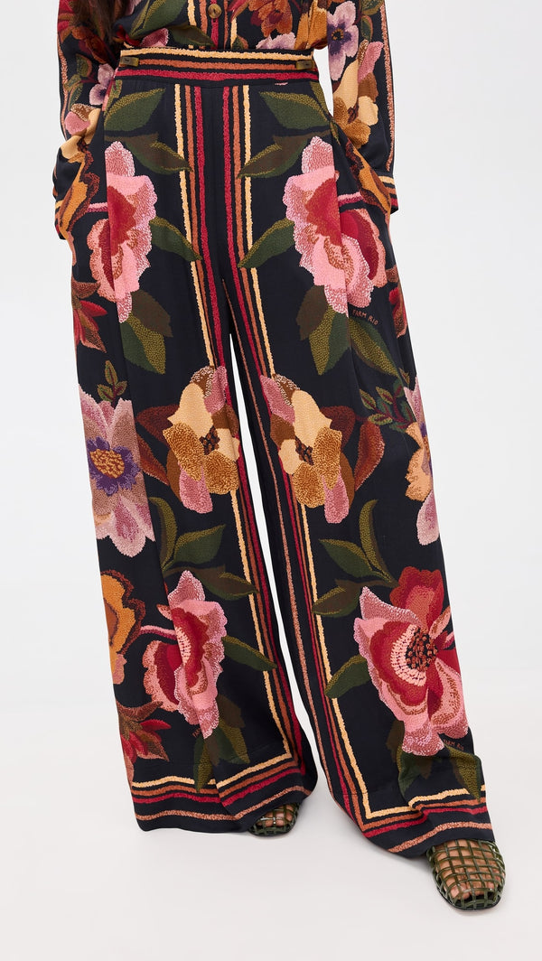 Farm Rio Chenille Flowers Black Pants 