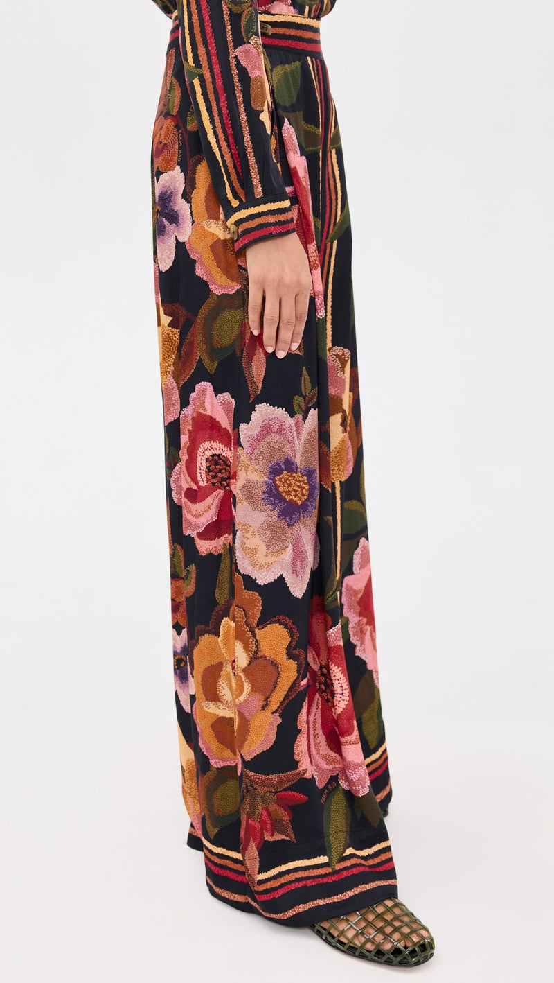 Farm Rio Chenille Flowers Black Pants 