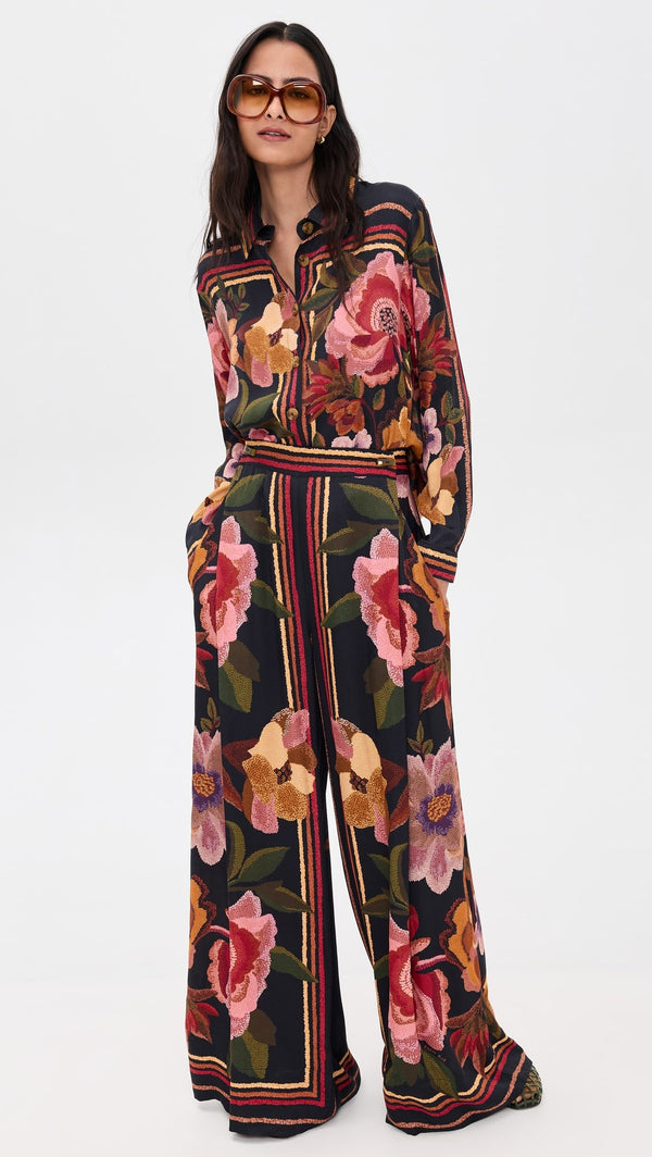 Farm Rio Chenille Flowers Black Pants 