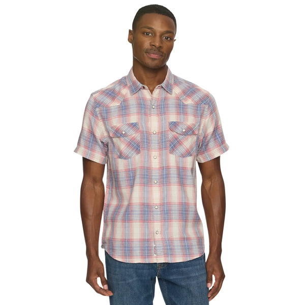 Man wearing a plaid short-sleeve shirt on a white background