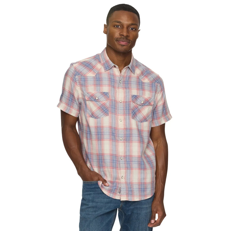Man wearing a plaid short-sleeve shirt on a white background
