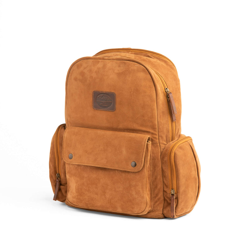 GOAT SUEDE BACKPACK WITH DOUBLE SIDE ZIPPER POCKETS WITH MAIN COMPARTMENT ZIPPER CLOSURE AND FRONT POCKET SNAP CLOSURE. INCLUDES LAPTOP CARRING COMPARTMENT AT PORTION CLOSEST TO THE BACK