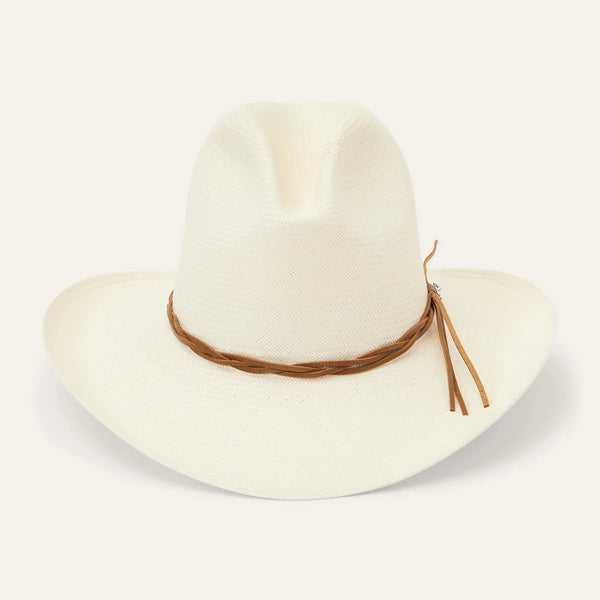 White fedora hat with a brown leather band and tassels on a white background