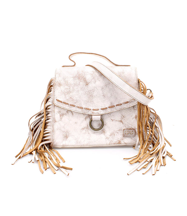 Distress white leather envelope bag with fringe on the sides and handle and detachable crossbody strap