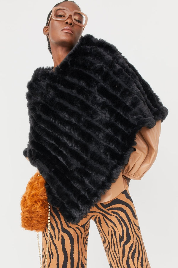 Jayley Black Faux Fur Poncho