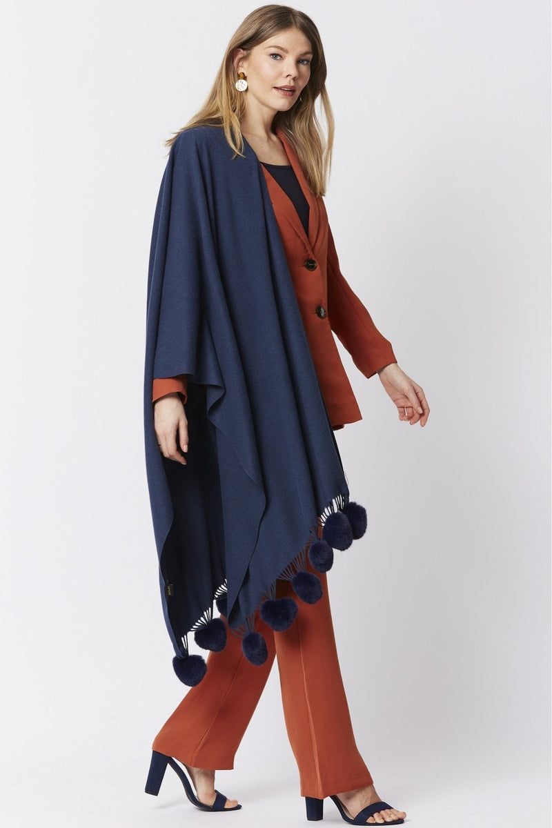 Jayley Navy Cashmere Blend Wrap with Faux Fur Heart Poms