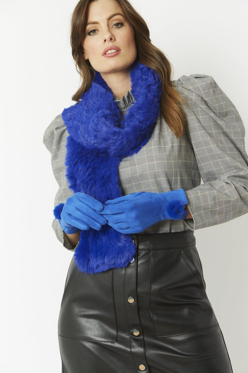 Jayley Blue Faux Suede Gloves With Faux Fur Pom