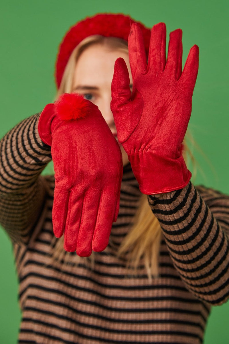 Jayley Red Faux Suede Gloves With Faux Fur Pom