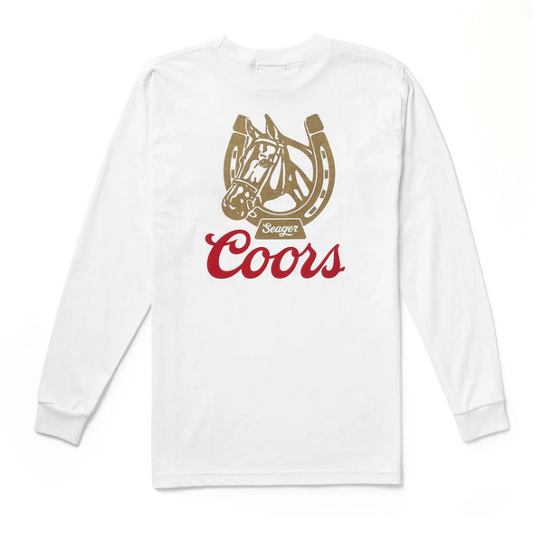 Long sleeve white t-shirt with horseface with a horse shoe and script "Seager Coors" below. This is the back of the shirt.