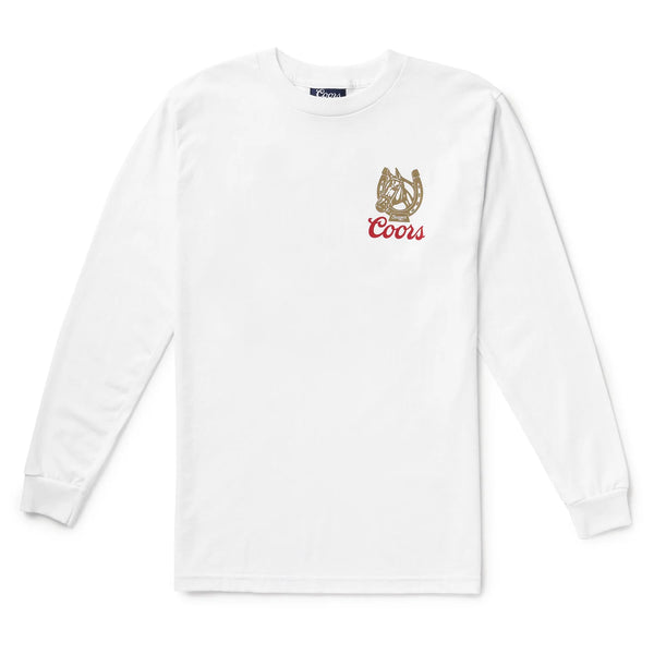 Long sleeve white t-shirt with horseface with a horse shoe and script "Seager Coors" below. This is the front of the shirt.